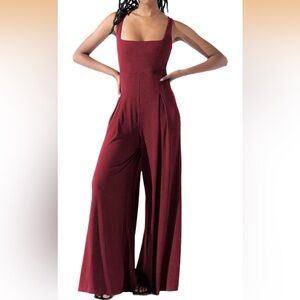 Ribbed Wide-Leg Square-Neck Jumpsuit in Burgundy